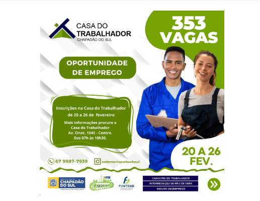 Imagem de compartilhamento para o artigo Casa do Trabalhador de Chapadão do Sul oferece 353 vagas de emprego da MS Todo dia